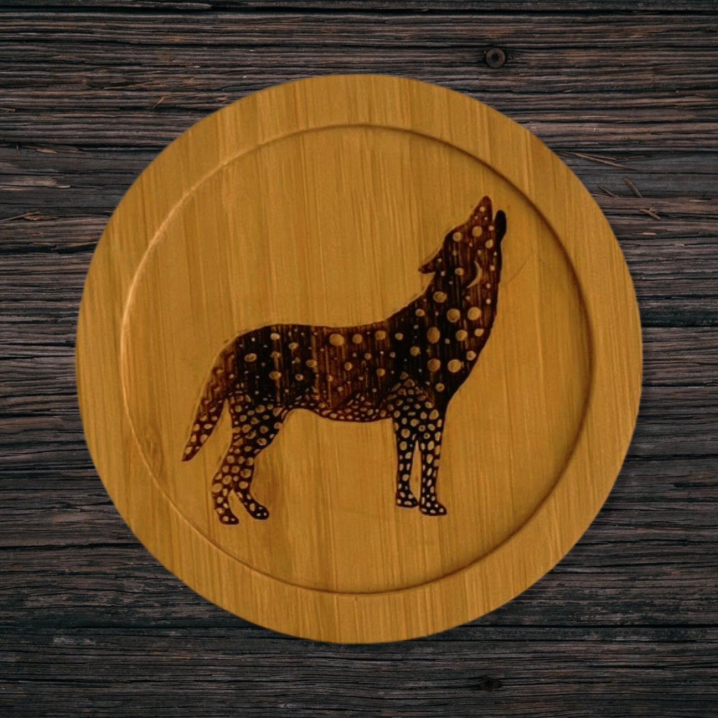 Wolf Laser Etched Bamboo Coaster - Original art - made in the USA - lightweight, eco-friendly, water resistant