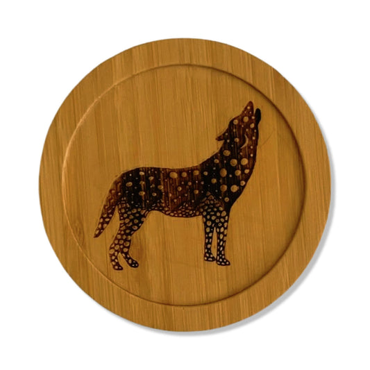 Howling Wolf Bamboo Coaster - 3.75"x3.75"
