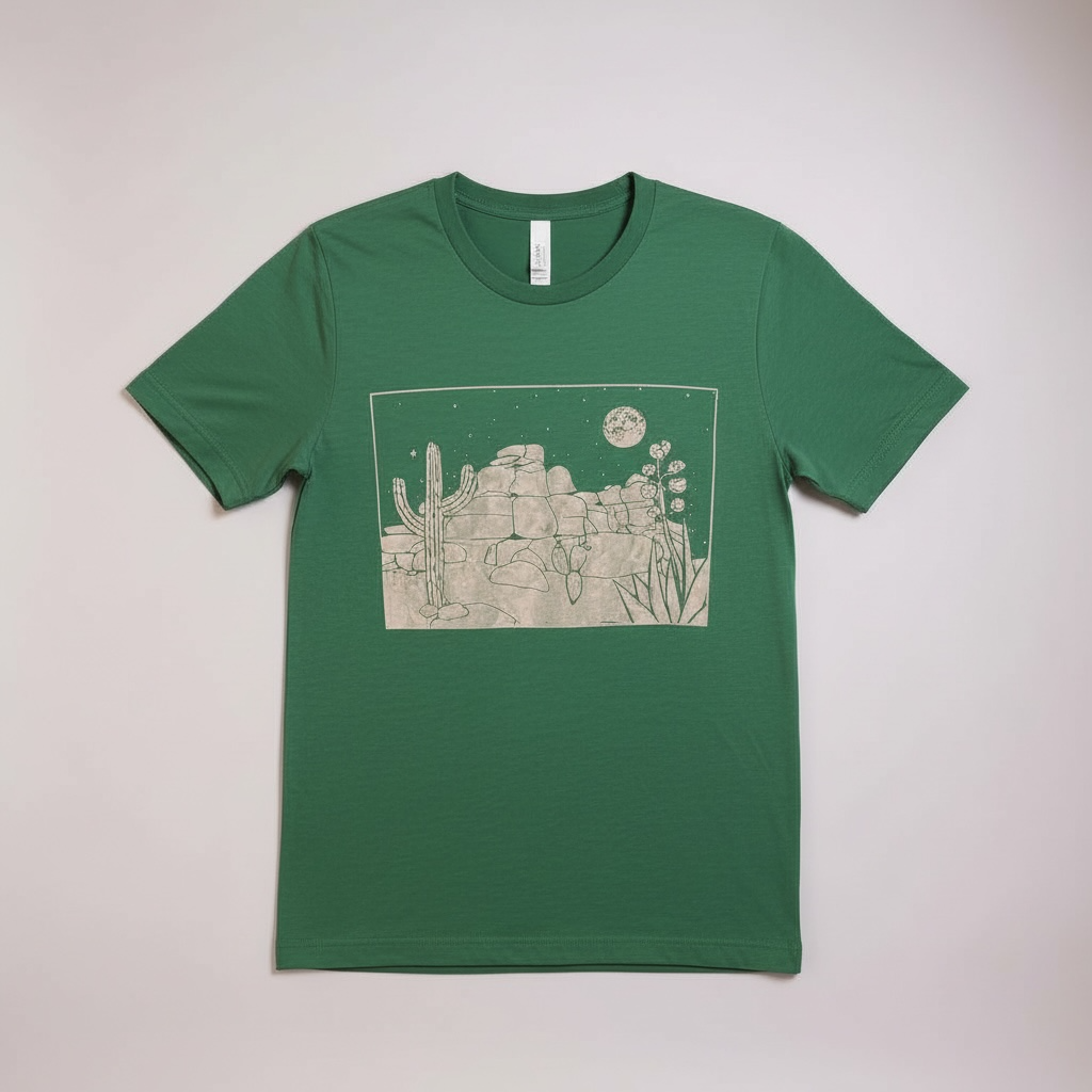 Green t-shirt with a desert landscape graphic on a light gray background