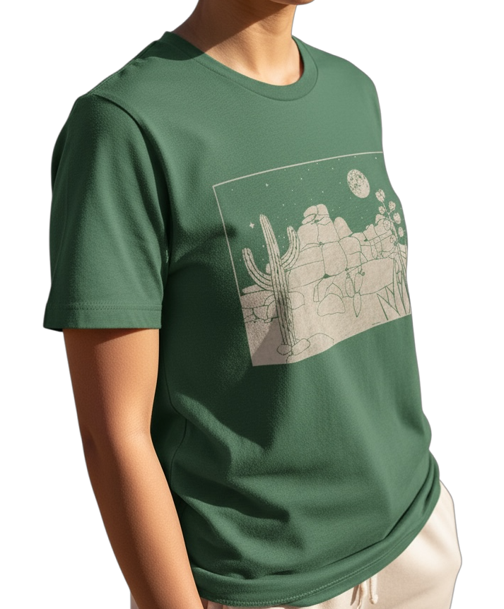 Person wearing a green t-shirt with a graphic design on a white background