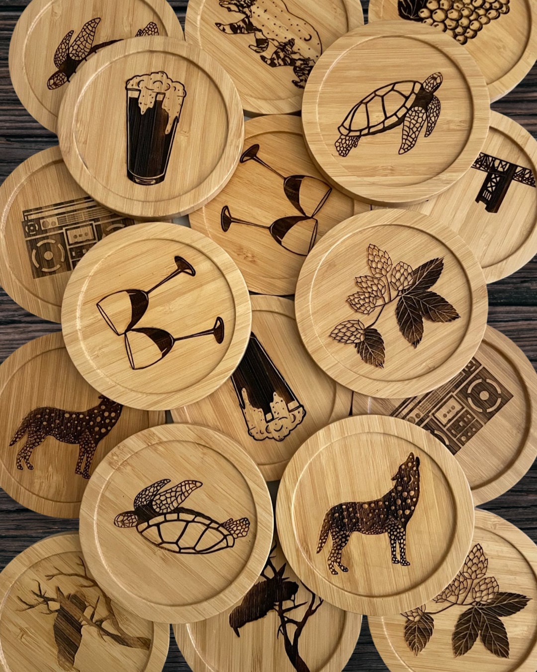 Wine Laser Etched Bamboo Coaster - Original art - made in the USA - lightweight, eco-friendly, water resistant