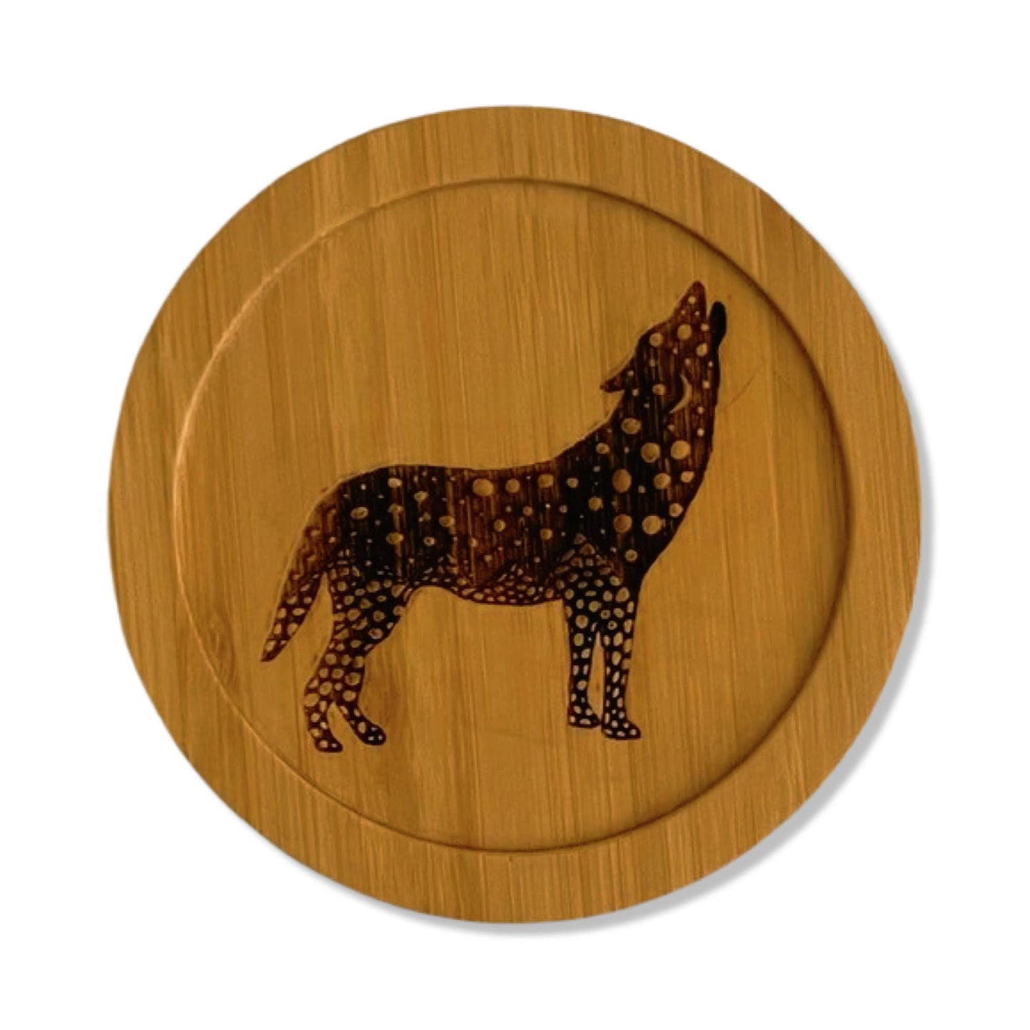 Wolf Laser Etched Bamboo Coaster - Original art - made in the USA - lightweight, eco-friendly, water resistant