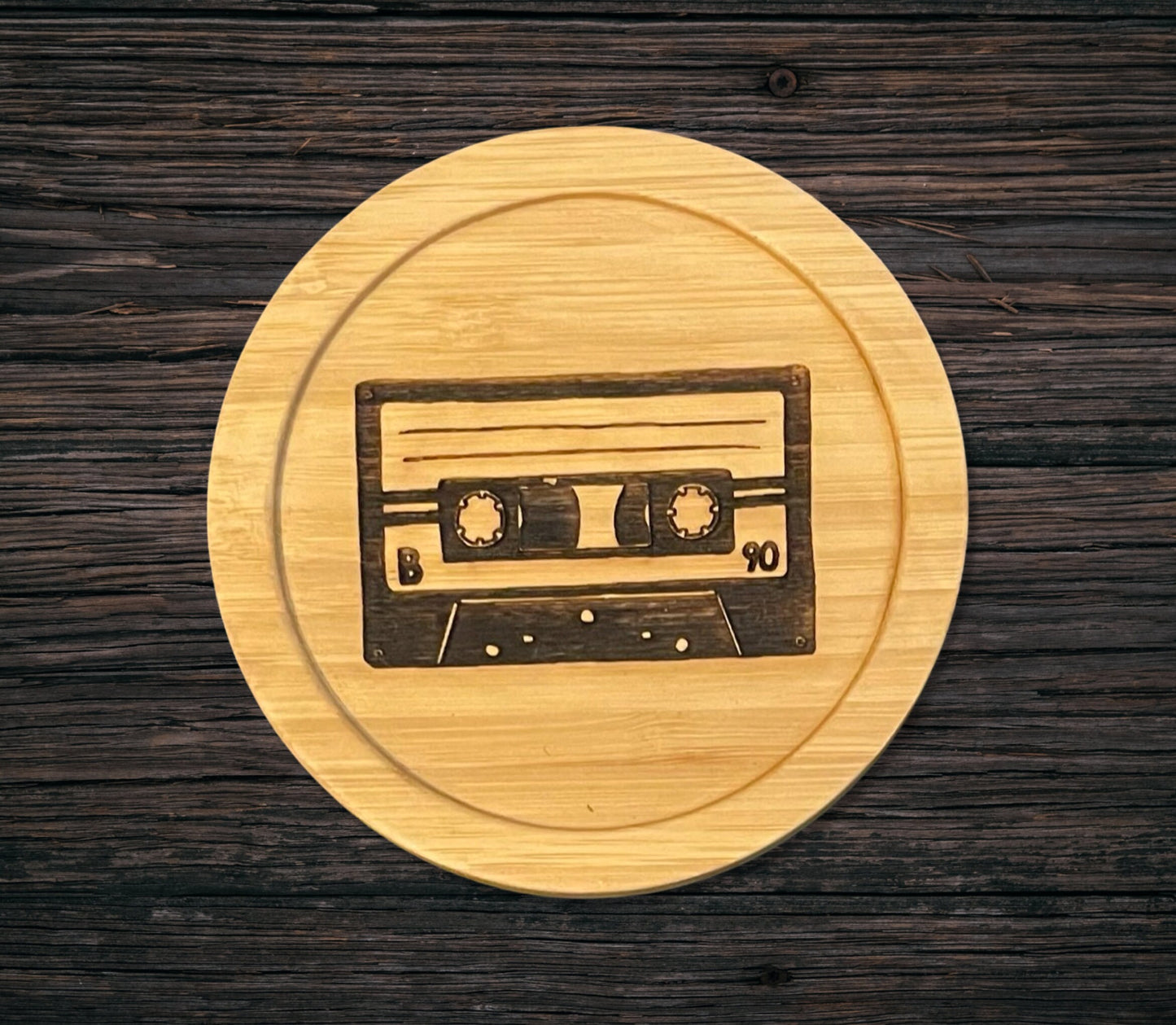 Cassette Tape Laser Etched Bamboo Coaster